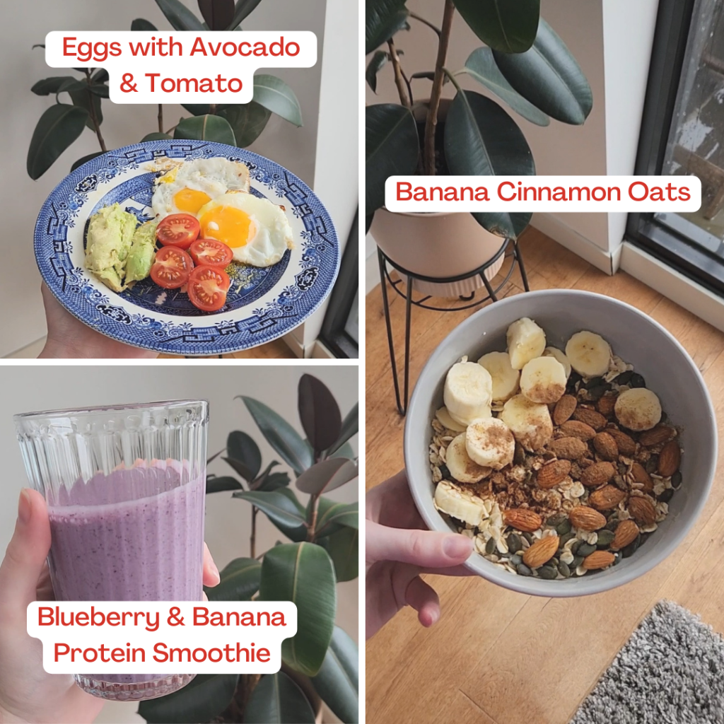 Three heart healthy breakfasts displayed, top left eggs, tomato, avocado, bottom left, Banana and Blueberry Protein Smoothie. On the right side, a bowl of Banana, almond, cinnamon, oats.